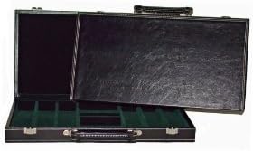 Black leatherette case with white stitching on border, holds 300 chips and 2 decks of cards