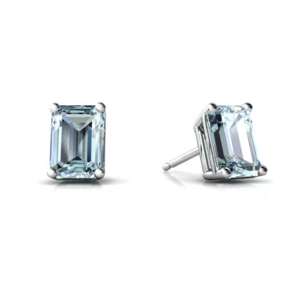 14K White Gold Emerald-cut Genuine Aquamarine Stud Earrings
