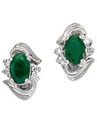 14K White Gold Oval Emerald and Diamond Earrings