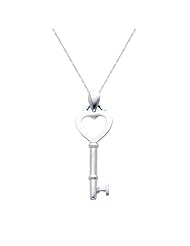 14K White Gold Key to My Heart Charm Pendant with 1.0mm Anchor Link Mariner Chain Necklace Set - 18" Inches