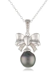 Sterling Silver 9-9.5mm Tahitian Cultured Pearl and Diamond Bow Pendant Necklace (0.07 cttw, G-H Color, I2-I3 Clarity), 18"