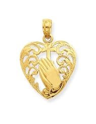 14k Gold Praying Hands and Cross in Heart Pendant