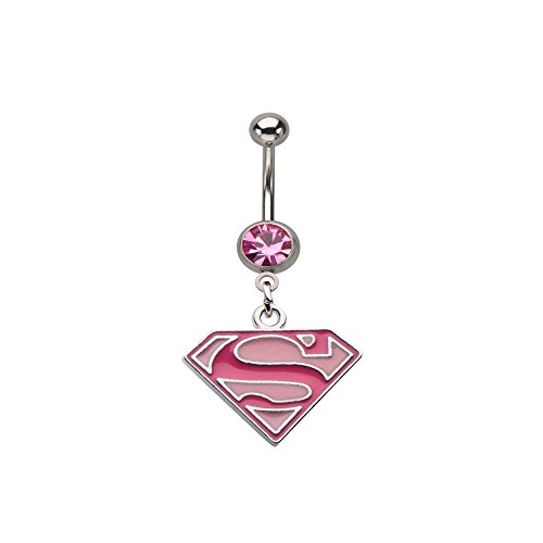 Licensed DC Comics 316L (Superman) Supergirl Pink Logo Dangling Charm Navel Ring with Pink Color CZ (with Gift Box)