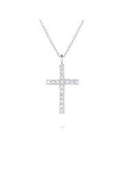 Rhodium Plated 925 Sterling Silver Cubic Zircona Prong Set Cross Necklace