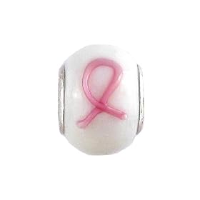 Pandora Style Charm Bead (Z265) Murano Style Lampwork Glass (14mm x 10mm) (fits Troll too) ~ Breast Cancer Awareness Pink Ribbon
