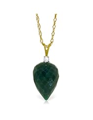 14K Gold Genuine Diamond & Pointy Briolette Natural Emerald Pendant Necklace