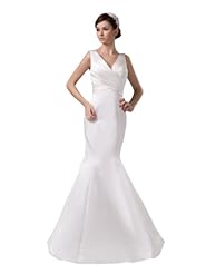 V-neck Satin Sleeveless Full Length Mermaid Wedding Dress 