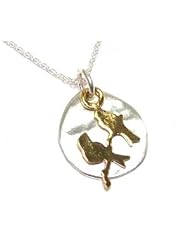 Kevin N Anna Studio Sterling Silver LARGE Pendant Necklace with Round Silver Disk Pendant with Etched GOLD BIRDS Celebrates FRIENDSHIP