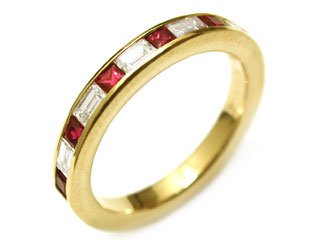 18k Yellow Gold Baguette Diamond & Natural Princess Cut Ruby Half Cirlce Ring Size 6 Ct.tw 0.85