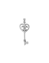 Sterling Silver Fleur De Lis Skeleton Key Heart Pendant Charm Pure 925 New 31mm with 1.2mm Rope Chain