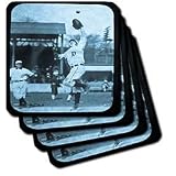 Vintage Detroit Tigers Making the Catch Black and Cyan - Set Of 4 Ceramic Tile Coasters