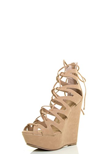Breckelles Women Peep Toe Wrap Lace Up Gladiator High Heel Wedge Sandal