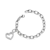 14K White Gold Matte-Finish Oval Open Link Bracelet, Enhanced with a Dangling Pave Set Diamond Heart Charm.