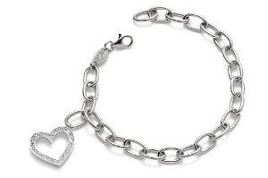 14K White Gold Matte-Finish Oval Open Link Bracelet, Enhanced with a Dangling Pave Set Diamond Heart Charm.