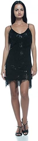 Women's Tiered Fringe Sequin Flapper Vintage Style 20s Cocktail Party Slip Dress (S/M, Black)