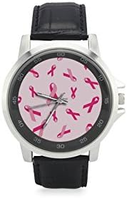 Unique Gifts Classic Breast Cancer Awareness Pink Ribbon Unisex Stainless Steel Leather Strap Watch
