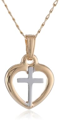 Cheap Girls Jewelry Childrens and Babys 14k Gold Filled Open Heart with Cross Two-Tone Pendant Necklace, 15" For Sale