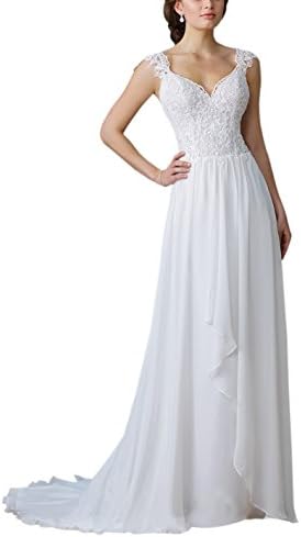 LoveMyth Women's Long Train Caps Lace with Appliques Chiffon Pleated Wedding Dress Lvory 26w