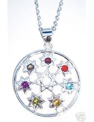 Large 925 St Sterling Silver Gemstone Chakra Mandala Yoga With Purple Amethyst Orange Citrine Blue Carnelian Green Peridot Jade Green Aventurine Red Garnet Yellow Topaz Stones Pendant Jewelry 1 1/2 by 1 1/2 inches With A Beautiful Heavily Plated St Silver Chain