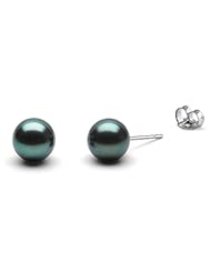 HinsonGayle AAA Handpicked 7.5-8.0mm Black Cultured Pearl Stud Earrings (Solid 14K White Gold)