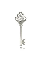 Key Pendant with White Sapphire Gem in 10k White Gold