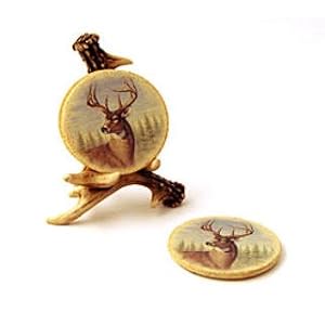 Set Of 4 Deer Coasters With Antler Holder For Rustic Lodge Cabin Look And Home Decor by