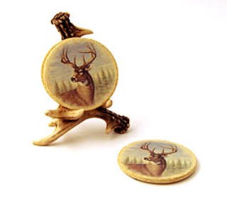 Set Of 4 Deer Coasters With Antler Holder For Rustic Lodge Cabin Look And Home Decor