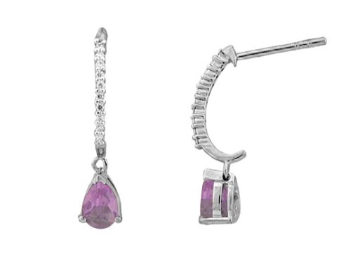 10k White Gold Pear Shaped Lab-Created Pink Sapphire and Diamond J-Hoop Earrings