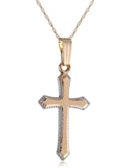 14k Yellow Gold Embossed Hand Engraved Edge Cross Pendant Necklace, 18"