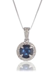 14k White Gold, Blue Sapphire, and Diamond (.16 cttw) Halo Pendant Necklace, 18"