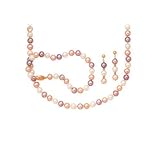 14K Yellow Gold Multicolor Pearl Necklace (18''), Bracelet (7'') and Earrings Set