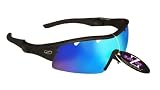 RayZor Professional Lightweight UV400 Black Sports Wrap Running Sunglasses, With a 1 Piece Vented Blue Iridium Mirrored Anti-Glare Lens.