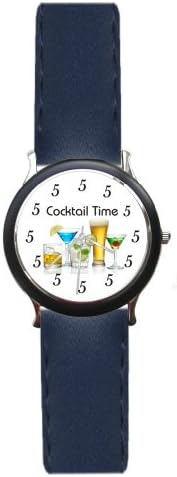 "Cocktail Time" Is the Time for Each Hour on the Polished Chrome & Navy Blue Bezel Watch with Navy Blue Leather Strap. Every Hour Is Cocktail Time.