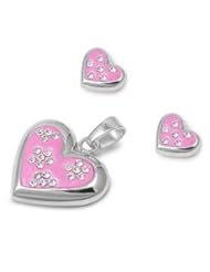 Sterling Silver CZ Fine Pink Heart Earring Pendant Set