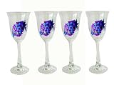 ArtisanStreet's Clear Crystal Cordial Glasses. Set of 4. Hand Painted in Floral Design of Blue Hydrangeas & Lilacs. One of a Kind, Signed by Artisan