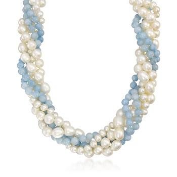 Aquamarine, 5.5-8mm Cultured Pearl Torsade Necklace, Silver Clasp. 18\