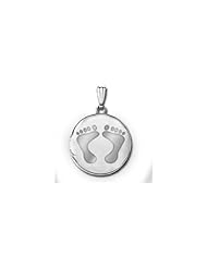 14k White Gold "Baby Footprints" Round Locket 3/4 in x 3/4 in