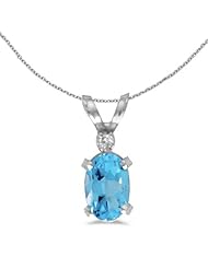 Birthstone Company 14k White Gold Oval Blue Topaz And Diamond Filagree Pendant with 18" Chain