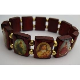 Wood Saints Icon Catholic Bracelet St Jesus Mary