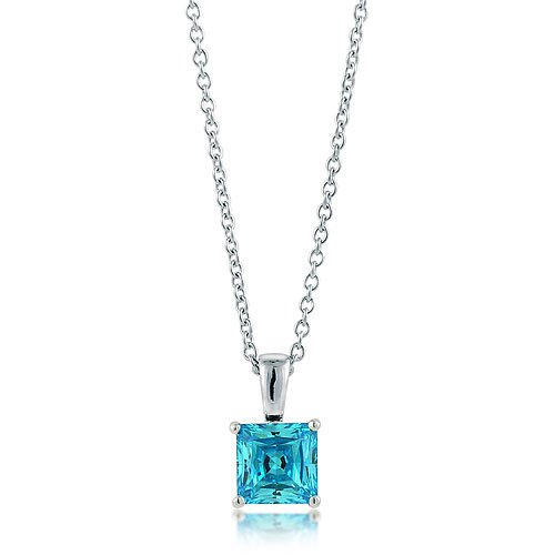 Sterling Silver Blue Topaz Princess CZ Solitaire Pendant Necklace 6mm