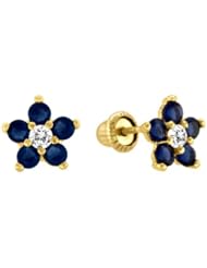 14K Yellow Gold Created Sapphirel & CZ Flower Stud Earrings for Little Girls & Babies