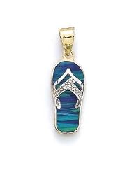 14k Two-Tone Dark Green Created Opal Flip-Flop and Diamond Pendant - JewelryWeb