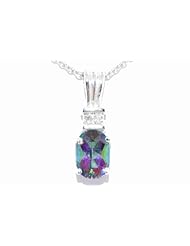 1.5 Carat Genuine Mystic Topaz Oval Diamond Pendant .925 Sterling Silver Rhodium Finish White Gold Quality
