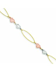 14K Gold Tri-Color Marquise Link D/C Puff Hearts Bracelet 7.5 Inches