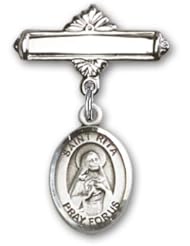 Sterling Silver Baby Badge with St. Rita Baseball Charm and Polished Badge Pin