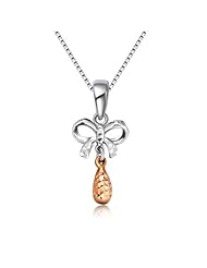 14K Italian Rose And White Gold Diamond-Cut Bow Butterfly Drop Shaped Necklace (16"), Women Jewelry in Gift Box
