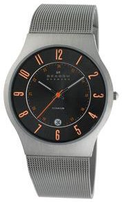 Skagen #233XLTTMO Men's Titanium Mesh Band Analog Orange Sporty Accent Grey Dial Watch