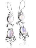 Sterling Silver Double Genuine Rainbow Moonstone Drop Hook Earrings