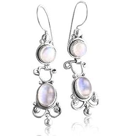 Sterling Silver Double Genuine Rainbow Moonstone Drop Hook Earrings by Moonstone Birthstones