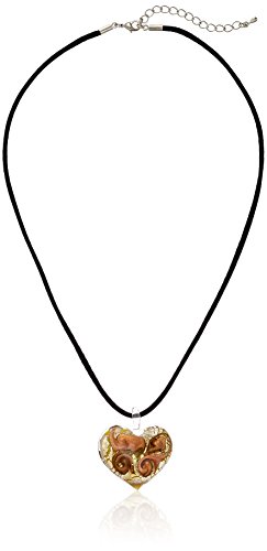 Colored Murano Glass Heart with Platinum Leaf Pendant Necklace, 18.5" Silk Cord + 2" Extender